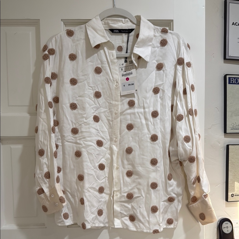 Zara White Shirt with Brown Polka Dots